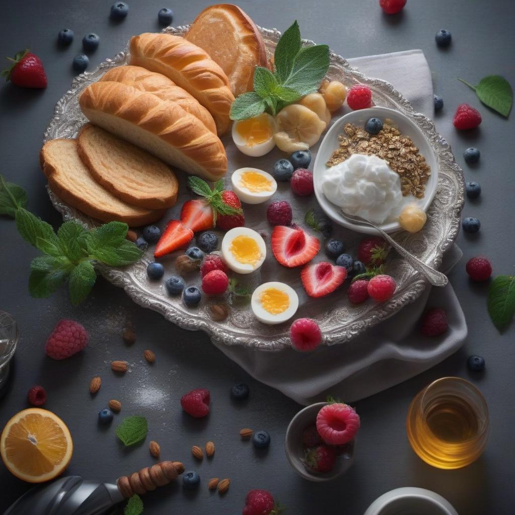  Beautifully decorated breakfast; still life color photography in the style of realism; etude in silver tones. hyperrealistic, full body, detailed clothing, highly detailed, cinematic lighting, stunningly beautiful, intricate, sharp focus, f/1. 8, 85mm, (centered image composition), (professionally color graded), ((bright soft diffused light)), volumetric fog, trending on instagram, trending on tumblr, HDR 4K, 8K