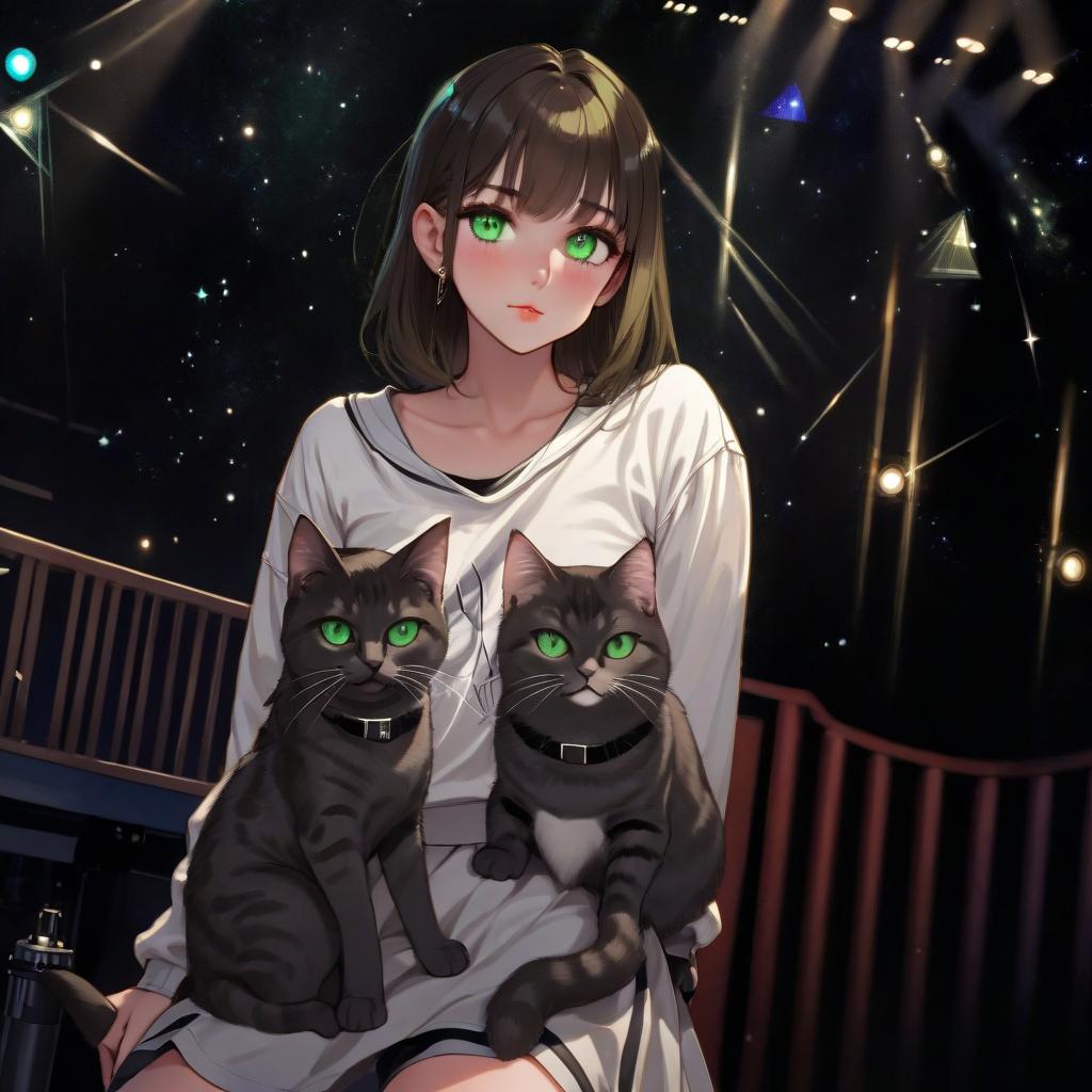  girl with dark green eyes, two cats, spotlights, stage, space in the background, love of music, idol