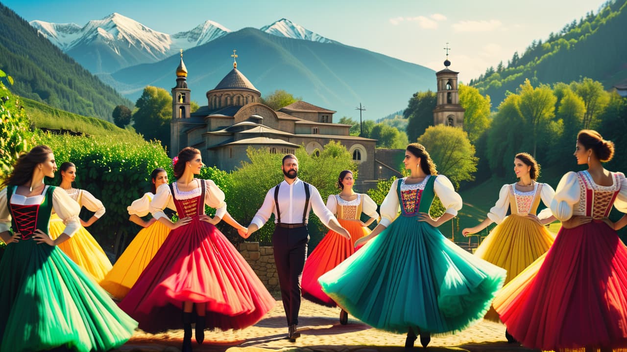  a vibrant scene showcasing traditional georgian dancers in colorful folk costumes, surrounded by ancient churches, lush vineyards, and local artisans crafting pottery, all set against the backdrop of the caucasus mountains. hyperrealistic, full body, detailed clothing, highly detailed, cinematic lighting, stunningly beautiful, intricate, sharp focus, f/1. 8, 85mm, (centered image composition), (professionally color graded), ((bright soft diffused light)), volumetric fog, trending on instagram, trending on tumblr, HDR 4K, 8K