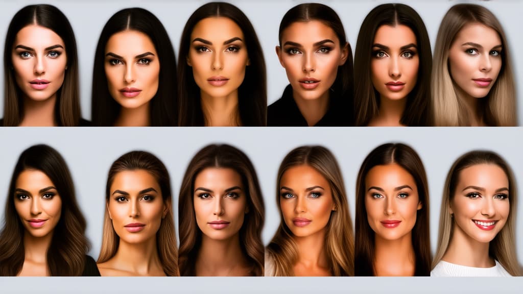  different beauty. set of different female heads on light background. different races and nationalities. ar 16:9, (natural skin texture), highly detailed face, depth of field, hyperrealism, soft light, muted colors