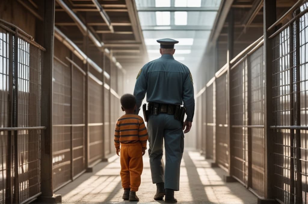  cinematic still, a 3 old mother inmate at the end of the prison corridor behind metal bars, seeing her own son grabbed by an officer, painful separation of mother and son, atmospheric, 135 mm, low angle hyperrealistic, full body, detailed clothing, highly detailed, cinematic lighting, stunningly beautiful, intricate, sharp focus, f/1. 8, 85mm, (centered image composition), (professionally color graded), ((bright soft diffused light)), volumetric fog, trending on instagram, trending on tumblr, HDR 4K, 8K