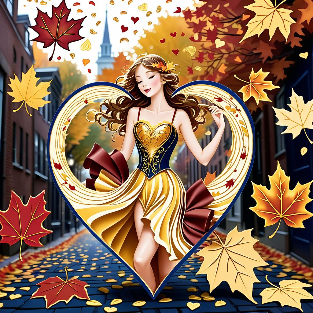  fairy tale on a carpet of yellow leaves in a simple dress of wind given crepe autumn danced a waltz boston in an alleyway. the warm day flew away and the saxophone sang hoarsely. (background of the card): falling autumn leaves, a whirlwind of autumn leaves, wind saxophone, ((a box of chocolates, the inscription "autumn waltz")) , a greeting card. (heart), a beautiful figure made of contours in the shape of a heart. (heart colour): night sky background, stars, gold pattern. (style):fantasy, autumn art, autumn romance. (colours):gold, green gold, navy blue, red, red gold, brown gold, silver, golden blue, bluish blue, dark blue on gold . magical, fantastical, enchanting, storybook style, highly detailed