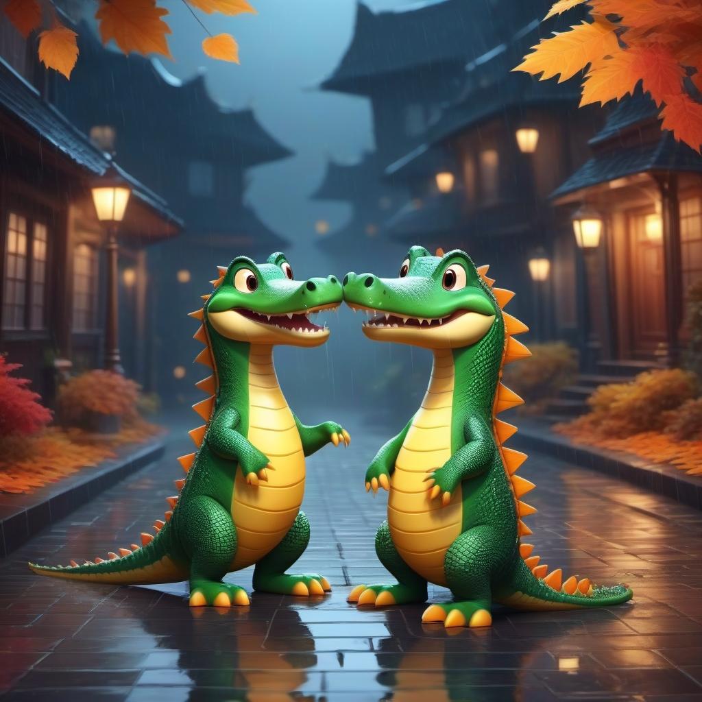  A cute cartoon pair of crocodiles in love walks through the dark autumn streets in the rain , a bright dynamic picture in the style of kortoon , fantasy, digital animation, realistic, drawing details