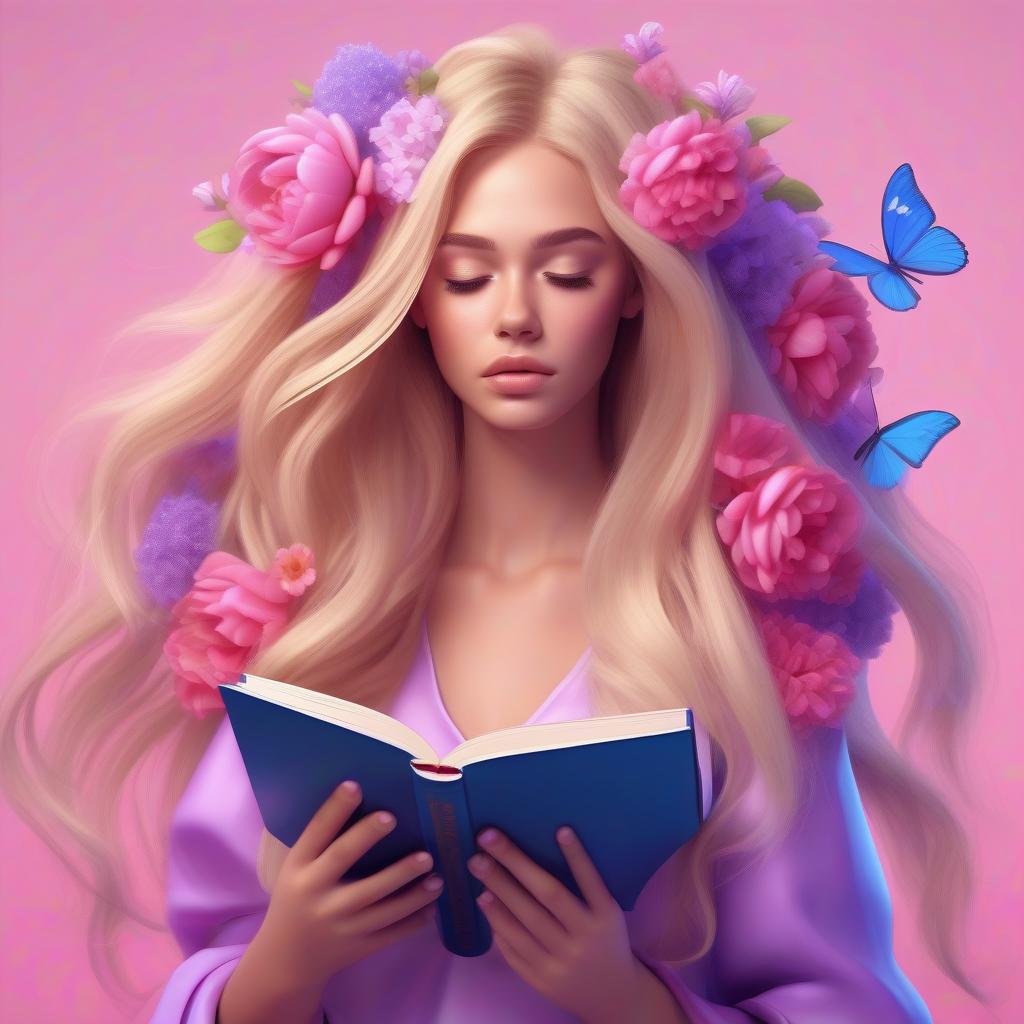  art of fantasy girl with flowers inside her head like her thoughts and growing from her long very thick blondy hair, hair fluttering in the wind with a book with flowers in her hands, covering half of her face pink and blue and purple colors on the background cartoon style 3d, hq, 4k for modern mobile app