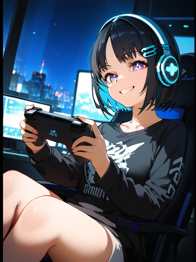  ultra detailed:1.2,masterpiece:1.2,best quality,masterpiece,bestquality,hdr:1.1,8k:1.1,very cute girl:1.3,((black hair,bob cut,forehead,hair pin:1.6)),((cyber eyewear:1.6)),(headphones,microphone:1.6),(neon light gaming chair:1.4),(grin smile:1.7)(pointy mouth:1.4),(sitting indian style on gaming chair:1.4),((holding game pad:1.6)),(night room:1.6)(upper body:1.4),(face focuse:1.5),(dutch angle:1.7)(layered t shirt,pants style:1.2)