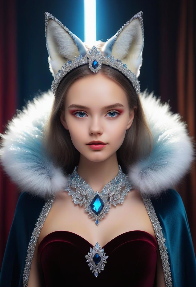  girl from crystals. tiadem in the form of silver ears of a fox made of crystals. collar by a fan of colored crystals. velvet cape