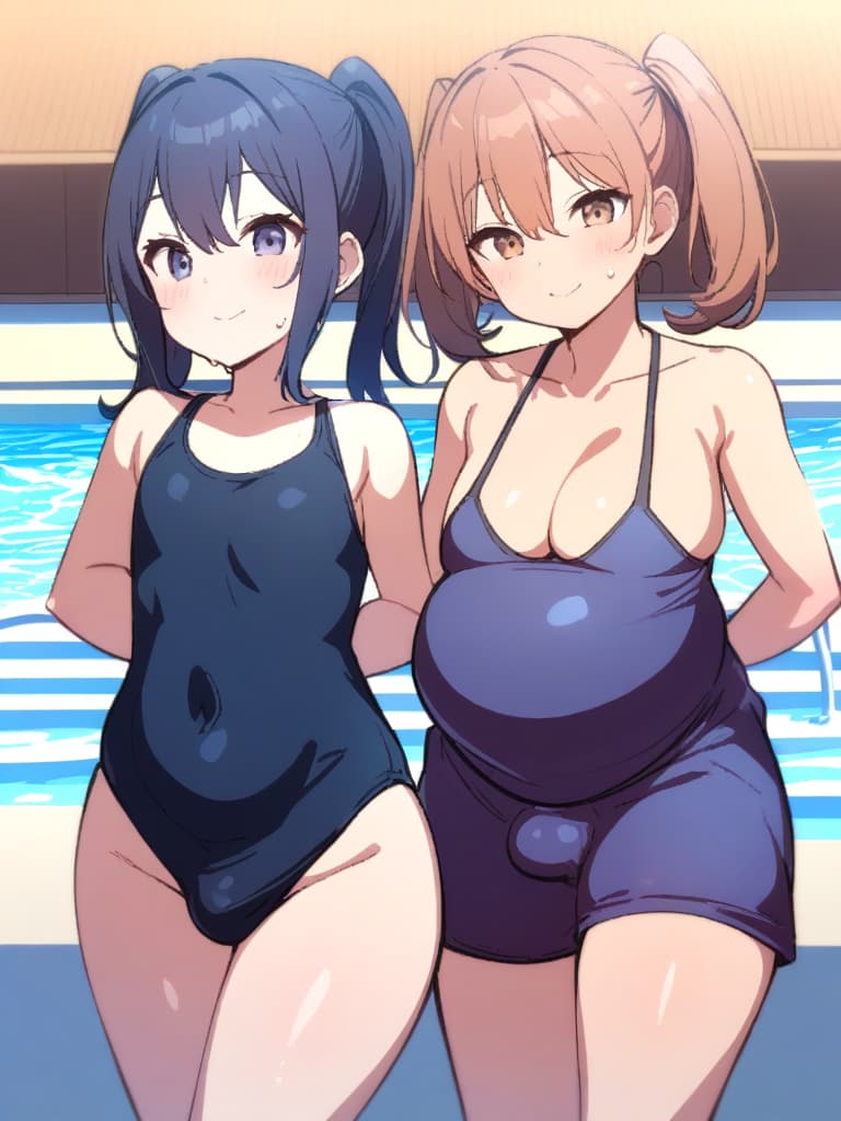  women's elementary (girls), twin tails, cute smiles, big s, low stature, dark blue swimwear, old swimwear, swimwear, simple (bulging), man (bulge), (swelling), shaped clear (clear) shape crisp chin (shaped clear man), front, whole body, pool side,