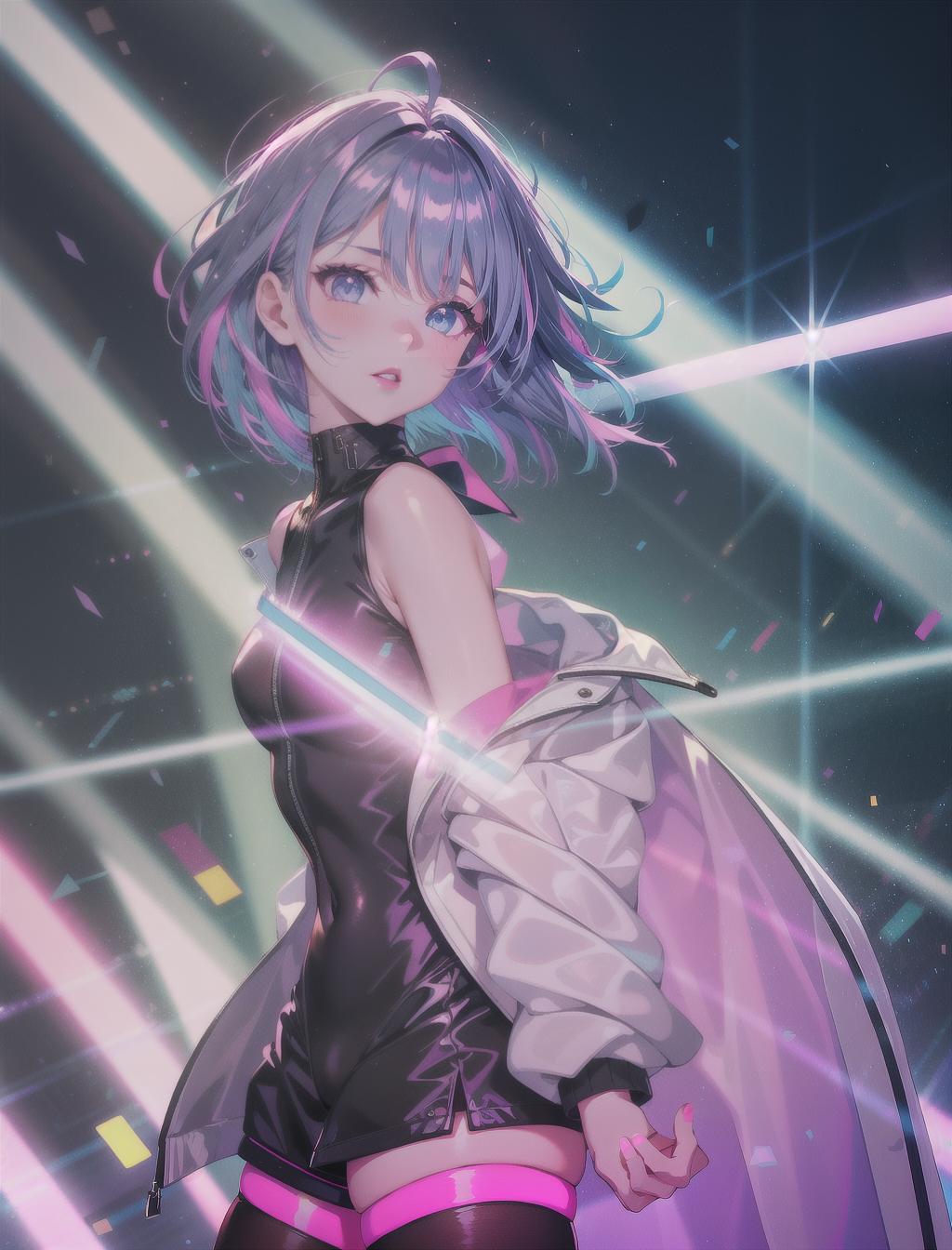  silhouette, masterpiece, best quality, 1girl, lucy, black body suit, exposed shoulders, white jacket, neon lit city background, asymmetrical short and long undercut silver light purple light blue light green light yellow hair, silver neon eyes, red eyeliner, red lips, black thigh highs, black shorts