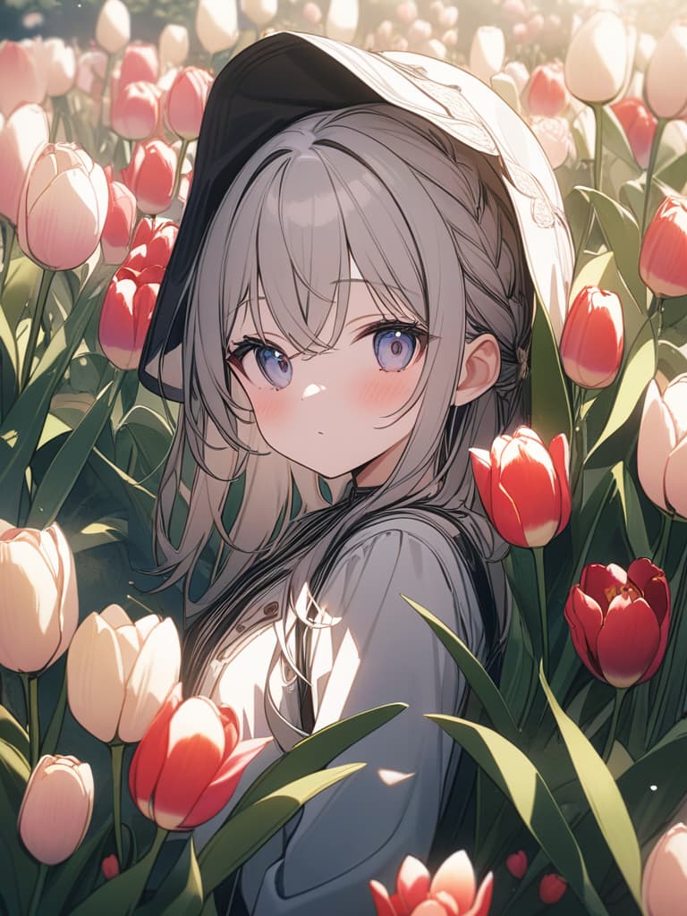  with tulips, tulips are blooming around, girls, cute, masterpiece, best quality,8k,ultra detailed,high resolution,an extremely delicate and beautiful,hyper detail