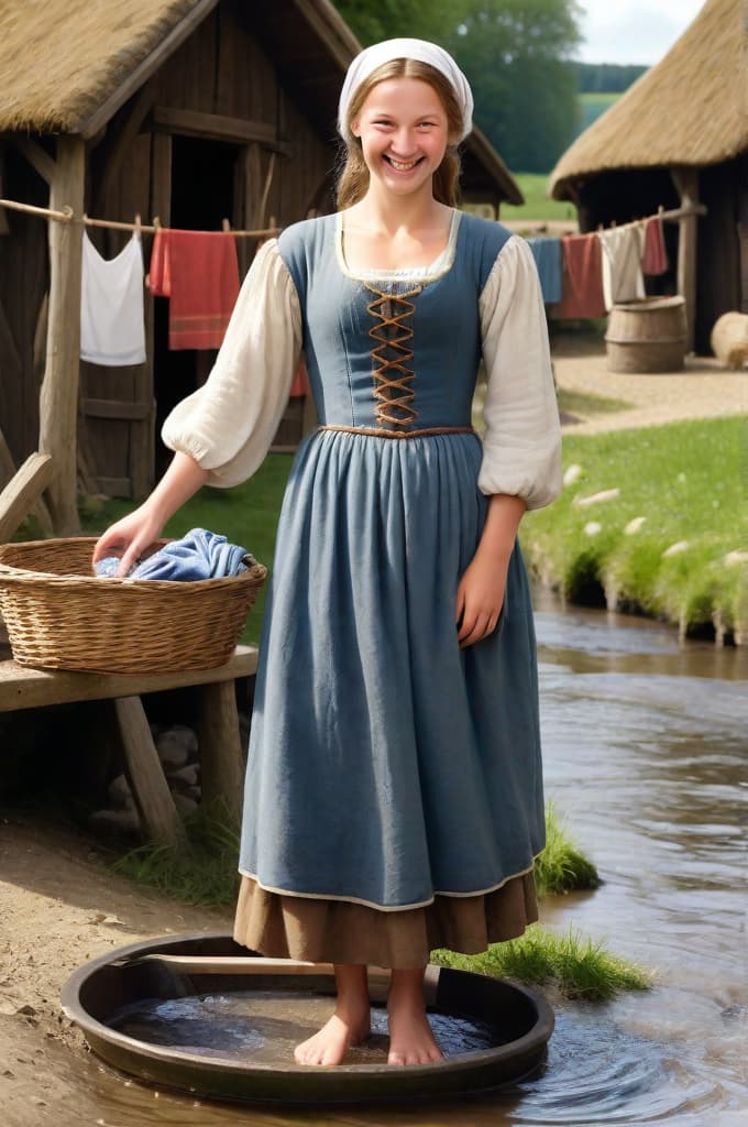  closeup on a super cute 1 medieval peasant , she is in a river over to wash clothes, homespun lowcut dress, one leg bare, smile, ids, in a medieval farmyard.