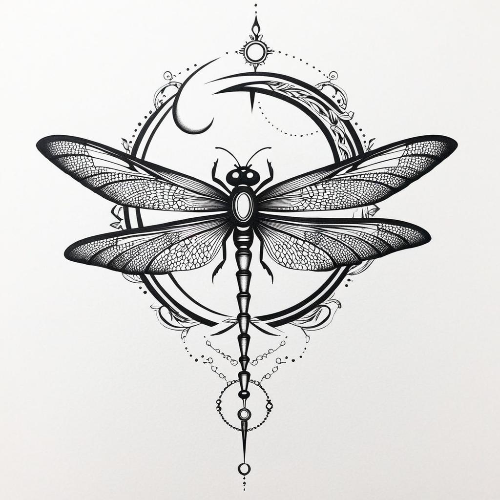  a cybernetic dragonfly with two crescent moons,(tattoo), tattoo design