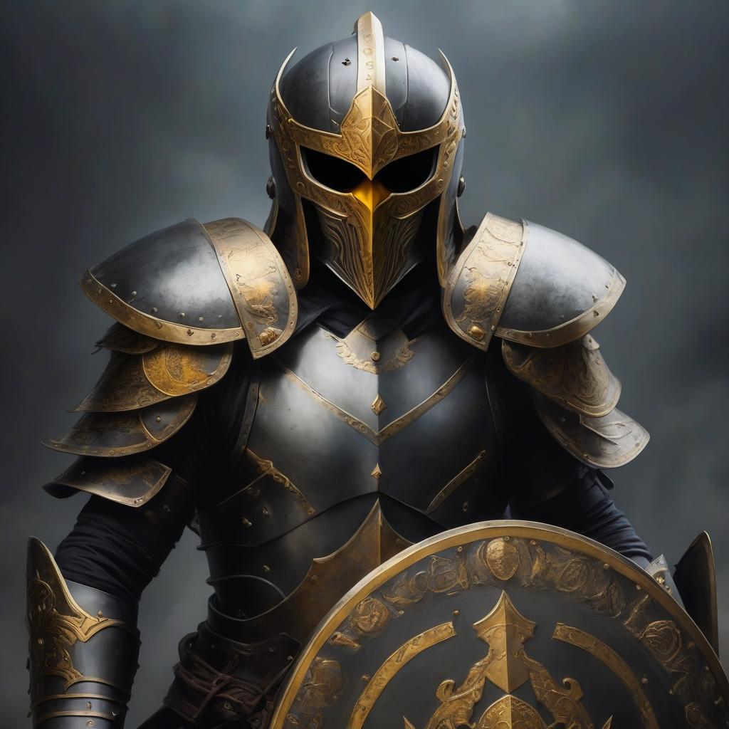  warrior in a helmet with a shield with golden eyes