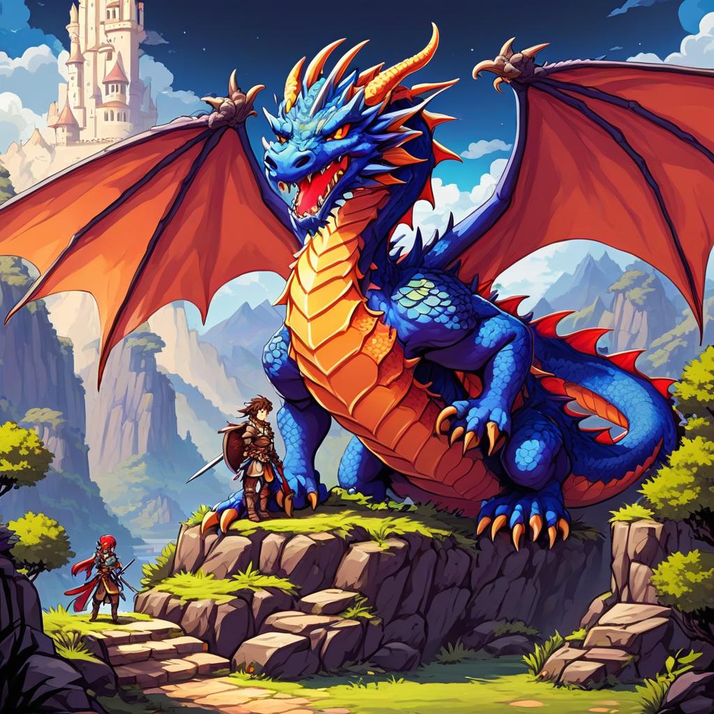  retro game art dnd with dais and dragons in anime style . 16 bit, vibrant colors, pixelated, nostalgic, charming, fun