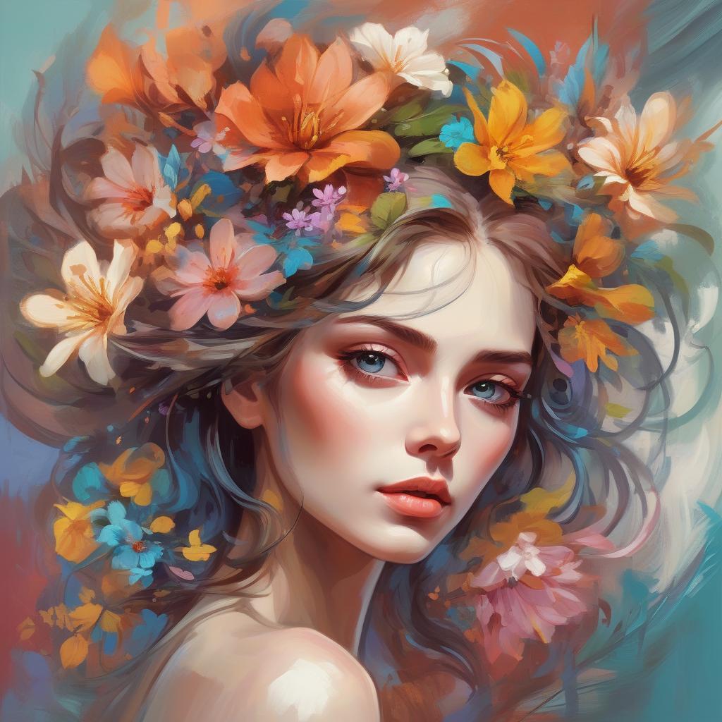  abstract expressionist painting a painting of a woman with flowers in her hair, beautiful fantasy art portrait, exquisite digital illustration, beautiful fantasy portrait, highly detailed digital painting, style of laura sava, beauty art nouveau woman, exquisite digital art, beauty woman with detailed faces, romanticism artwork, woman in flowers, in style of anna dittmann, detailed realistic beautiful, beautiful gorgeous digital art . energetic brushwork, bold colors, abstract forms, expressive, emotional