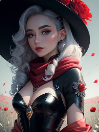  Elegant woman in intergalactic couture attire, black curls cascading over porcelain skin, crimson lips, wearing velvet winter garb and poppy-patterned scarf, amidst a blooming meadow with a hint of high-contrast and soft lighting, portrait illustration in black and white with red accents, arranged by golden ratio, space coffee shops and dark-robed figures amidst ropes in the background, surreal blend., hyperrealistic, high quality, highly detailed, perfect lighting, intricate, sharp focus, f/1. 8, 85mm, (centered image composition), (professionally color graded), ((bright soft diffused light)), trending on instagram, HDR 4K, 8K