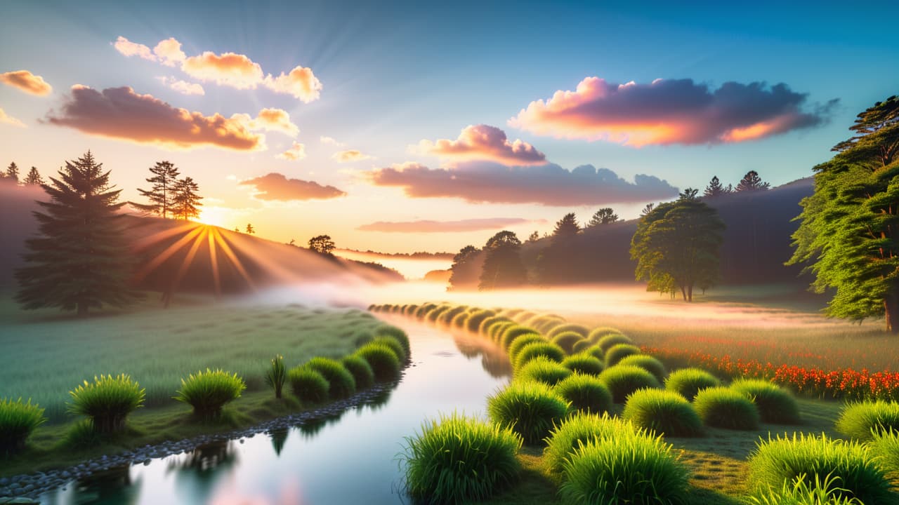  a serene landscape featuring eight interconnected circles, each representing a mental health element, surrounded by lush nature, vibrant colors, and calming elements like a gentle stream, soft clouds, and a radiant sunrise. hyperrealistic, full body, detailed clothing, highly detailed, cinematic lighting, stunningly beautiful, intricate, sharp focus, f/1. 8, 85mm, (centered image composition), (professionally color graded), ((bright soft diffused light)), volumetric fog, trending on instagram, trending on tumblr, HDR 4K, 8K