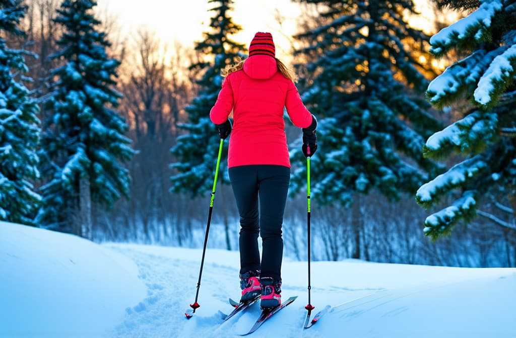  winter wonderland, enterprising young woman going on cross country skiing trip in dawn light, rear view ar 3:2 {prompt}, maximum details