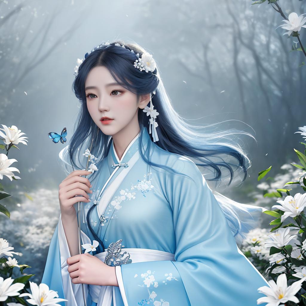  masterpiece, best quality, (Fidelity: 1.4), Best Quality, Masterpiece, Ultra High Resolution, Poster, Fantasy Art, Very Detailed Faces, 8k resolution, Chinese Style, An woman, Side Face, Quiet, Light Blue Hanfu, Tulle Coat, Long Black Hair, Light Blue Fringed Hair Ornament, Hairpin, White Ribbon, White Flower Bush, Light Blue Butterfly Flying, cinematic lighting effects