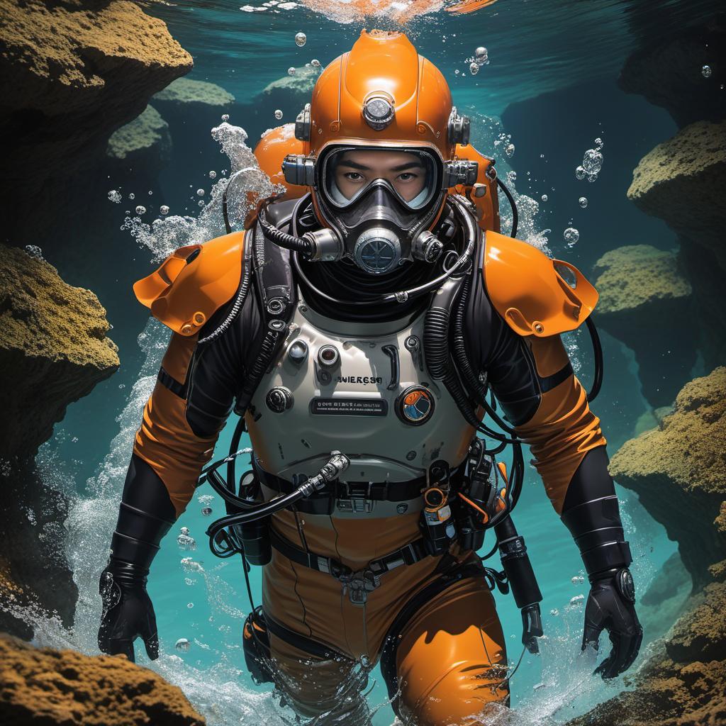  jb name, male, rebreather diver, thick loops, helmet in orange, cave diver, underwater, face view diver, fresh water, shoulder view, jb, comic style, manga and manhwa style, painting style