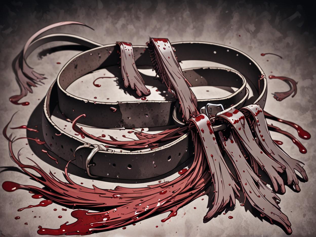  manga artwork a leather belt consisting of several withering rat tails with dried blood hanging from it. manga artist. manga, highly emotional. best quality, high resolution