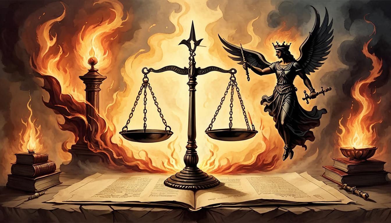  on parchment, surrealism+++, scales of justice tipped, one side light, the other dark, surrounded by flames, symbolic of karmic justice, intense and dramatic(mysterious, provocative, symbolic,muted color)+++