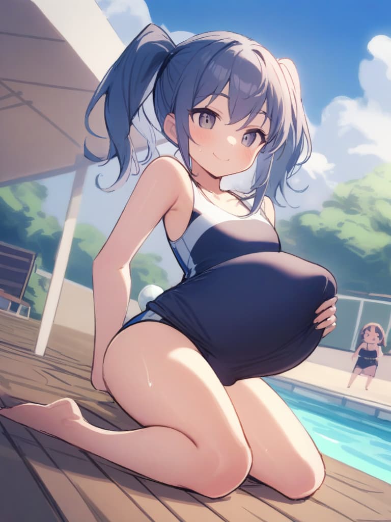  women's elementary students (with male), twin tails, cute smiles, rich s, short stature, dark blue swimwear, old swimwear, swimwear, simple, (swelling), upward, (bulge), front, whole body, pool side,