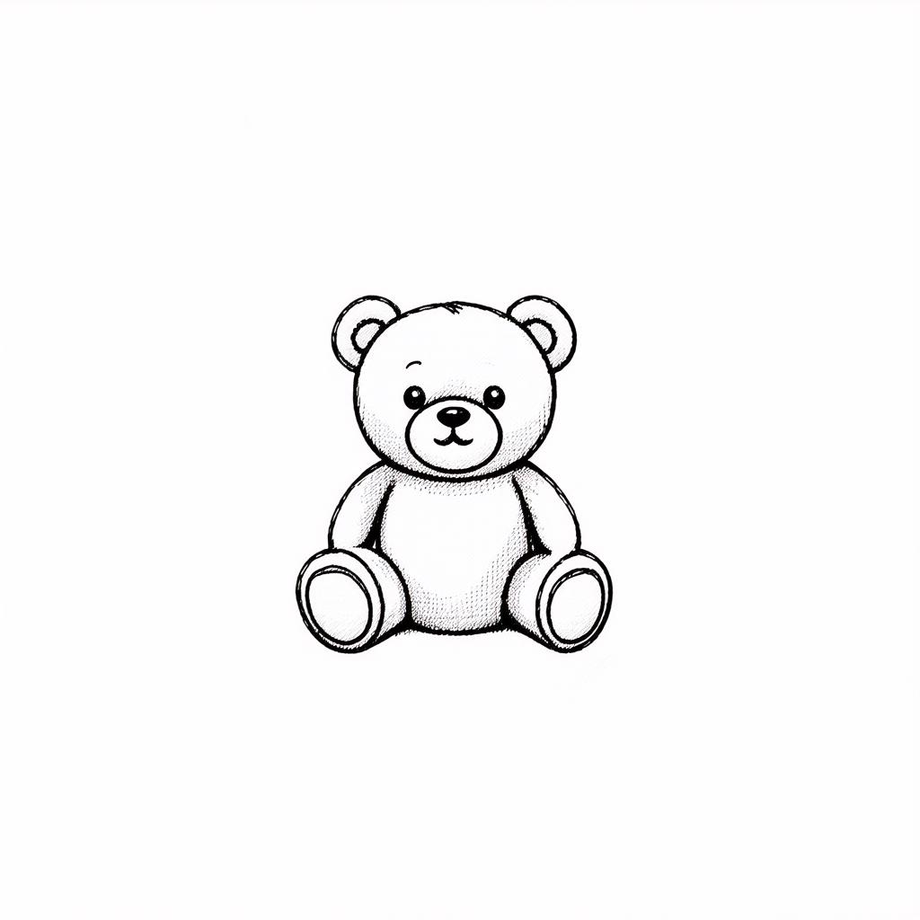  contour, very simple image in one unbroken black ink line, single line of cute teddy bear sitting sideways, solid white background using a single continuous black line ink brushon white background, drawing should be created without lifting the pen, recognizable features of cute teddy bear sitting sideways, solid white background in one unbroken line