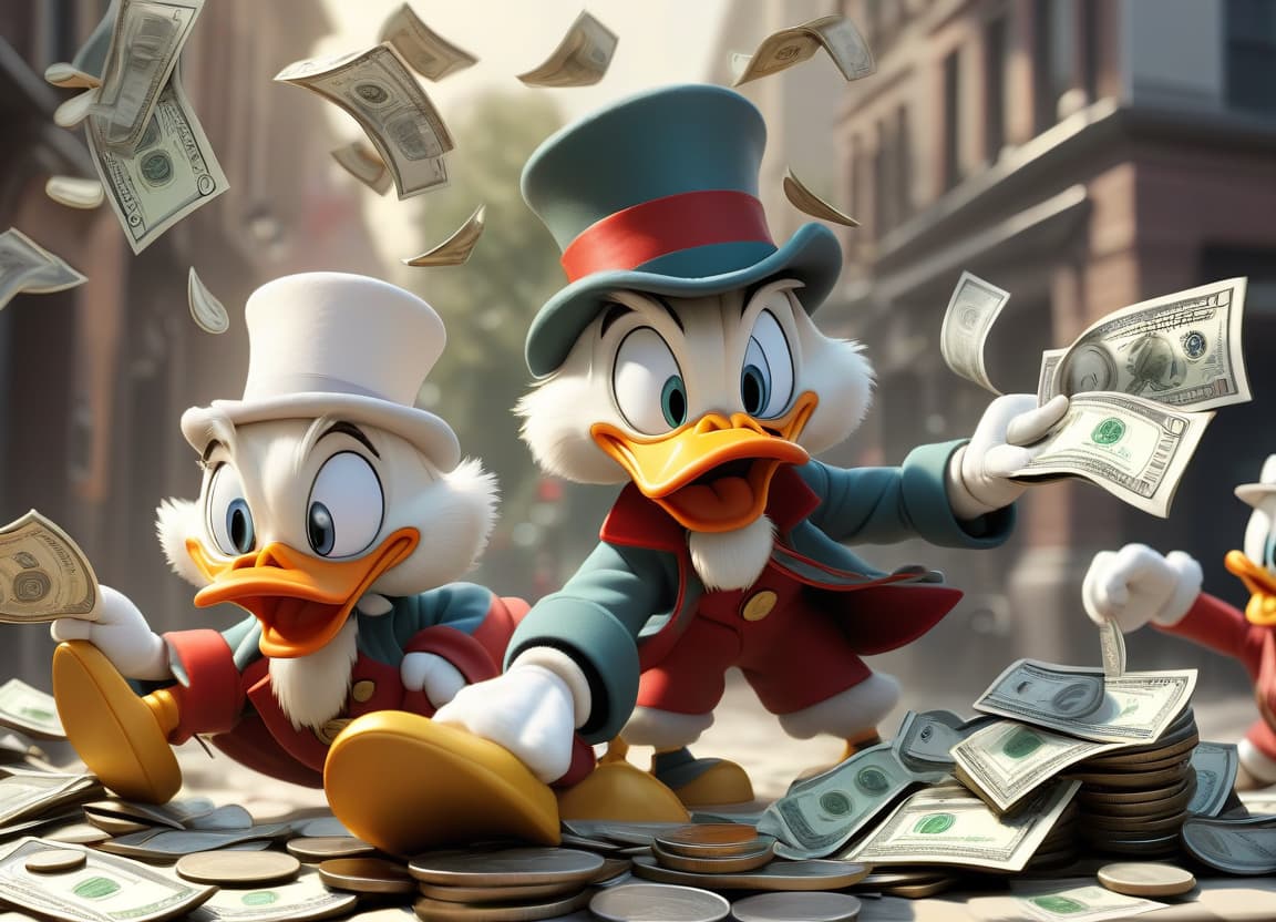  images of cartoon scrooge mcduck and huey and dewey and louie characters playing in the money dollars and coins, white light at sunny noon,