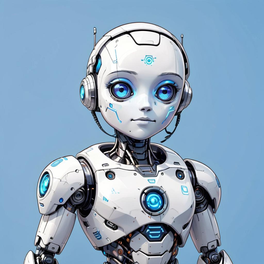  a white cute robot with blue face