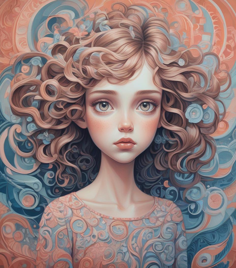  cartoonish, by małgorzata kmiec, round features, oblong face, girl with wavy hair, fantasy, paper, intricate details, artstation, surreal impressionism, feminine, acrylic gouache, trending on deviantart, whimsical, whimsical depiction, on paper