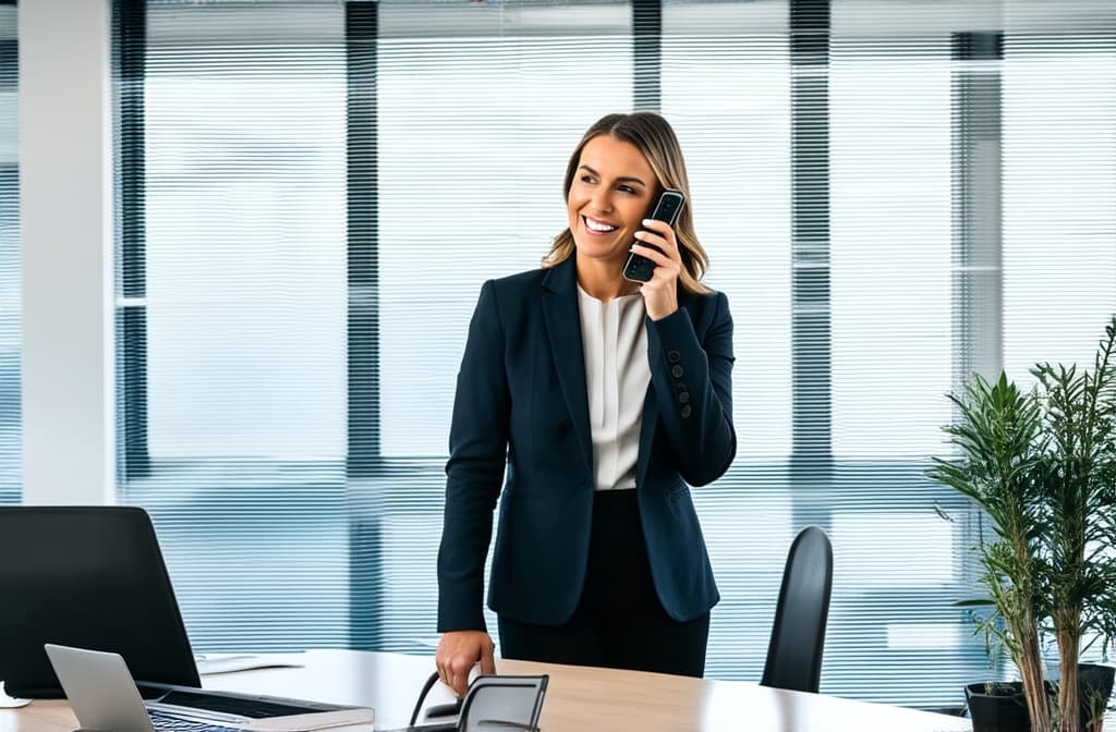  professional detailed photography, portrait of smiling businesswoman standing in open plan office. holding phone. minimalism style. happy female professional executive manager, financial banking or marketing data. ar 3:2, (muted colors, dim colors, soothing tones), (vsco:0.3)