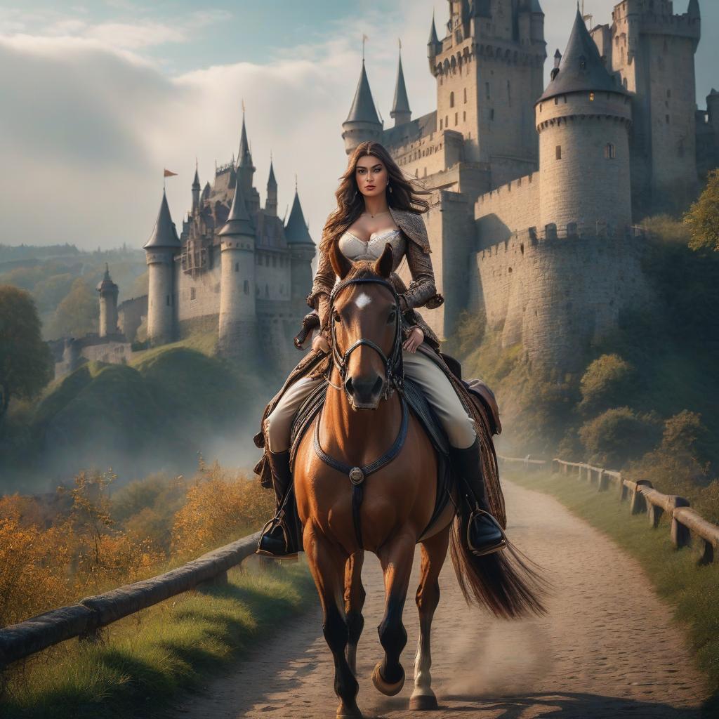  girl rides to the castle hyperrealistic, full body, detailed clothing, highly detailed, cinematic lighting, stunningly beautiful, intricate, sharp focus, f/1. 8, 85mm, (centered image composition), (professionally color graded), ((bright soft diffused light)), volumetric fog, trending on instagram, trending on tumblr, HDR 4K, 8K