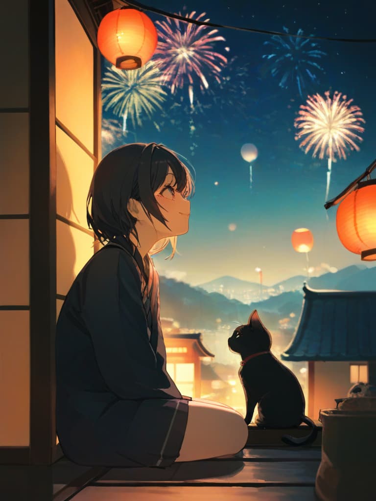  1cat,small cat ,japanese cat ,sit and look up，japanese house roof ,sit on a tiled roof,fireworks,midnight,