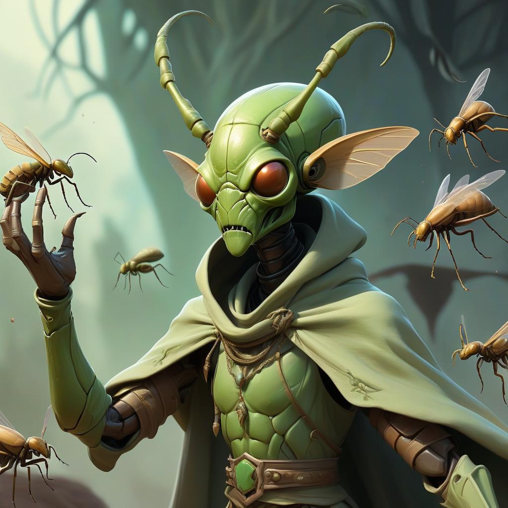  ethereal fantasy concept art of thri kreen insectoid monstrous humanoid race with mantis head ranger, wearing travelers rags and cloak, has four hands, swarm of bugs flying around, hive background . magnificent, celestial, ethereal, painterly, epic, majestic, magical, fantasy art, cover art, dreamy