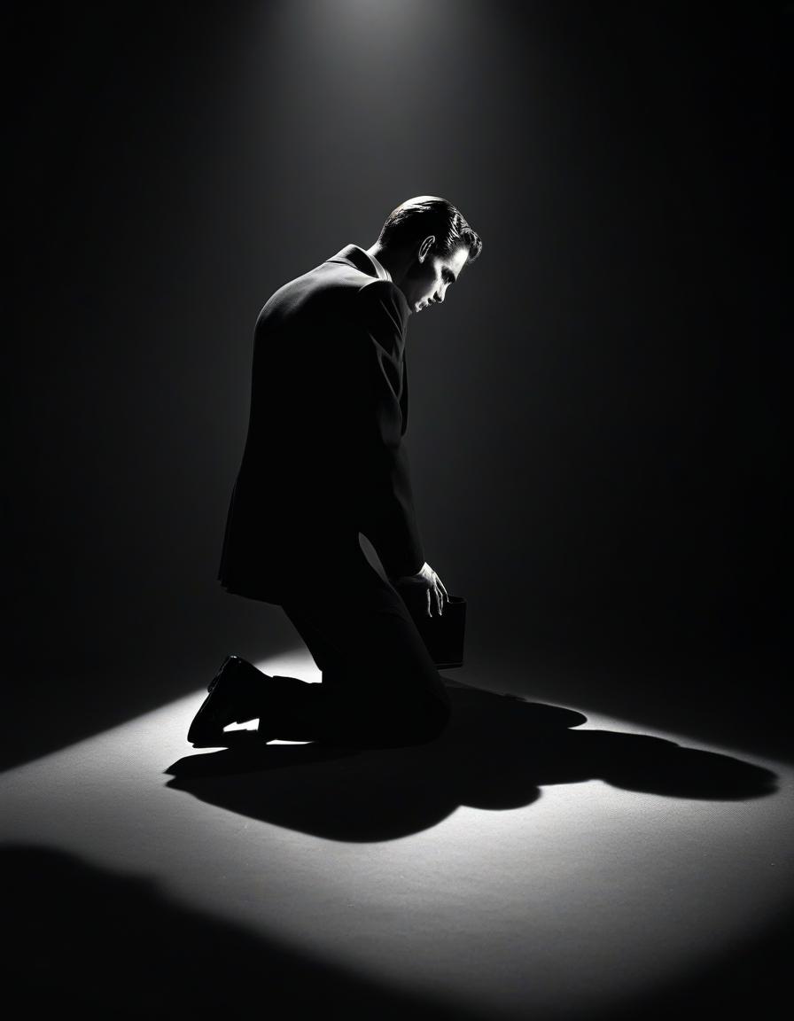  film noir style lucifer on his knees . monochrome, high contrast, dramatic shadows, 1940s style, mysterious, cinematic