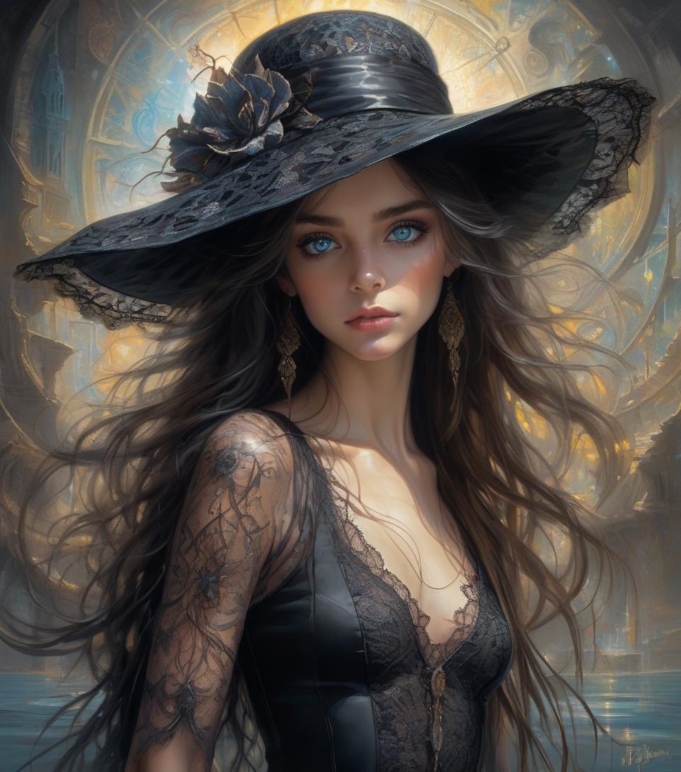  hyperrealistic digital painting of a beautiful girl, reflections in very detailed eyes, looking at the viewer, long hair, wide hat, black lace outfit and in a surreal and fantastical setting, combining the artistic styles of josé royo, boris vallejo, julie bell , carne griffiths and brian froud, accurate anatomy, with symmetrical centered composition, volumetric lighting, rays, bright color highlights, high contrast