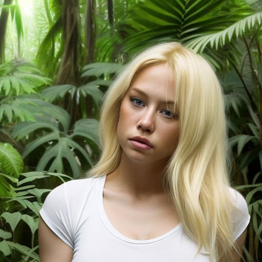  Blonde woman lost in the jungle with a white ripped t shirt