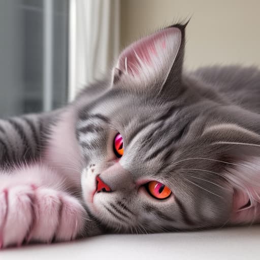  Cat with big red eyes and big red pink cheeks with long grey fur and big paws