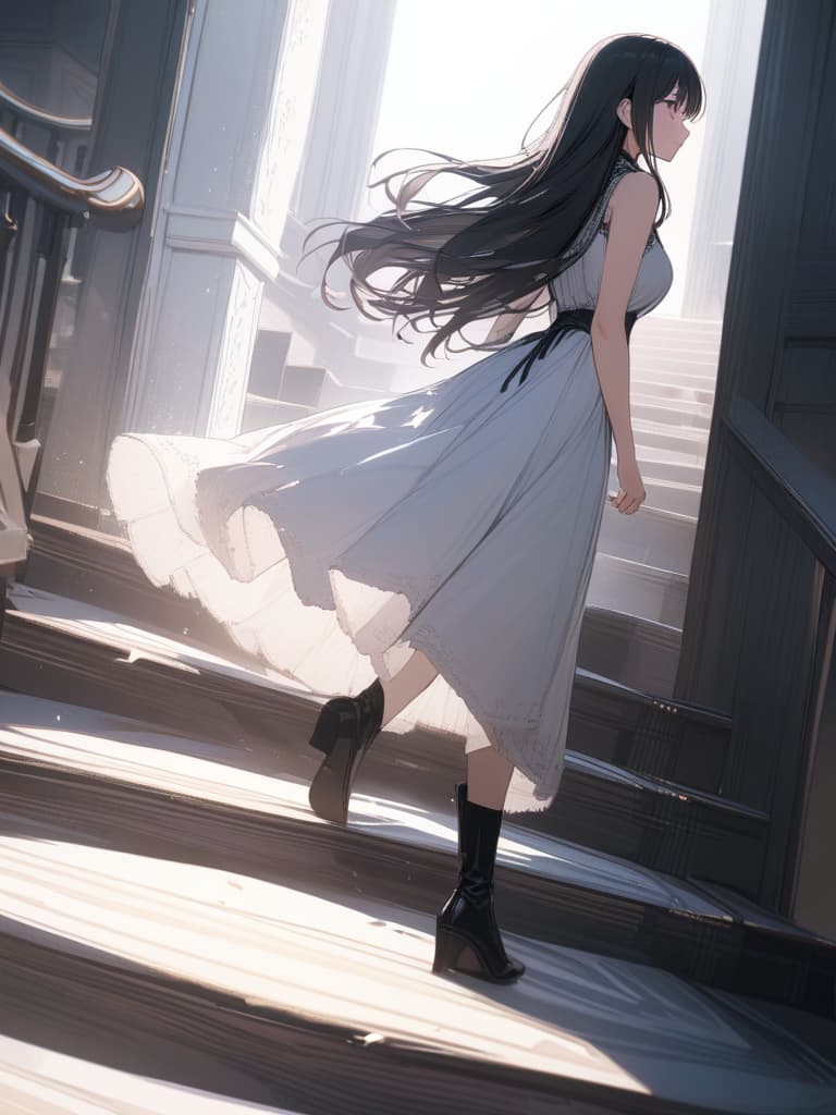  black hair long hair, hair extending to the feet, heel boots, whole body, black and white dresses, dresses, running, running stairs, purple eyes, masterpiece, best quality,8k,ultra detailed,high resolution,an extremely delicate and beautiful,hyper detail