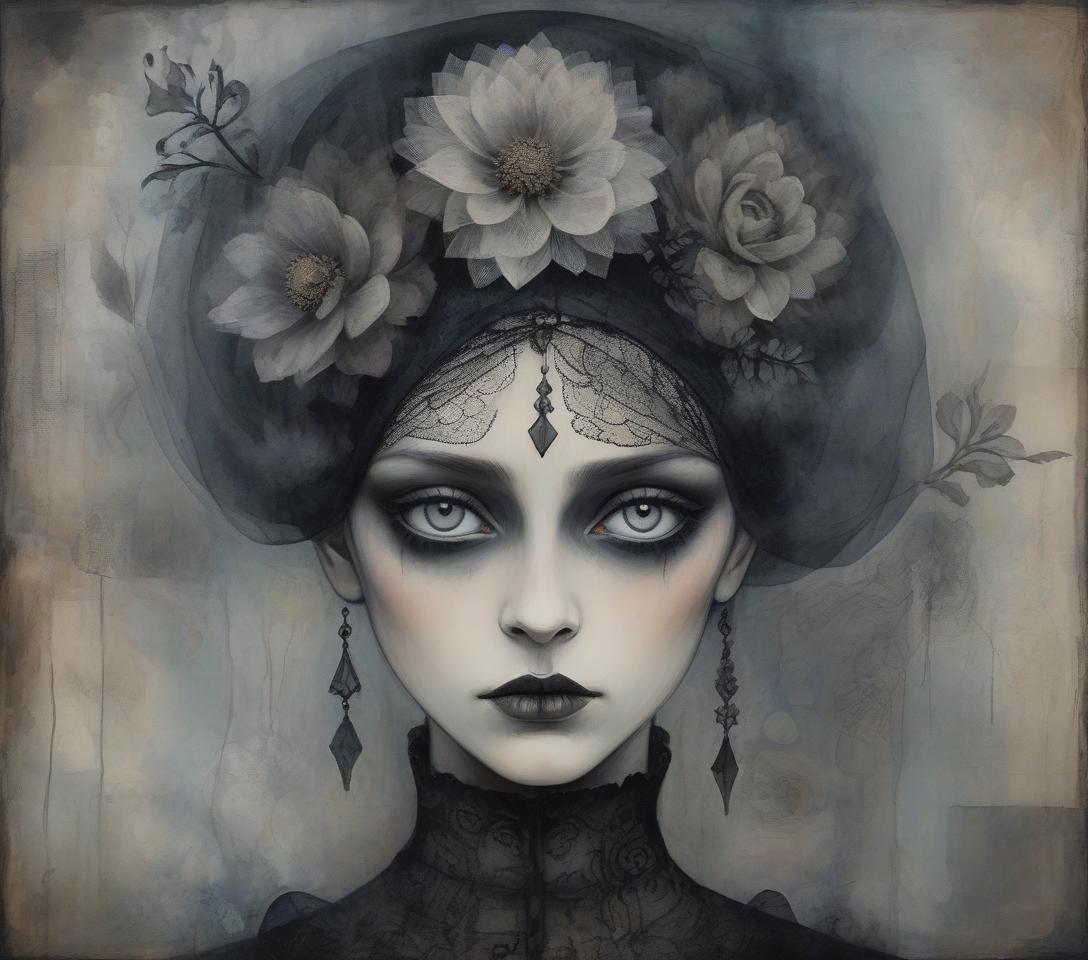  a gothic style portrait of a woman with striking eyes, a black floral headpiece, and veiled headwear that creates a dark, ethereal aura. mysterious girl’s portrait in smoke and gossamer, patchwork nostalgia and impasto, art brut, moody, somber, desaturated colors, in the style of paul klee, arthur rackham, tim burton, banksy