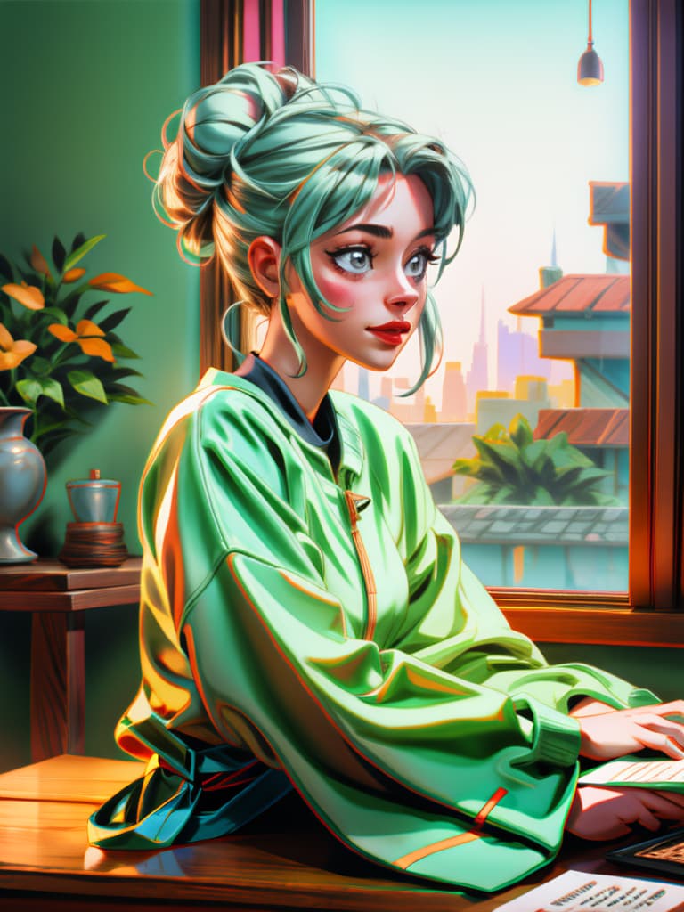  the beautiful girl with a bun on her head, her gaze calm and happy, with a few strands of broken hair, is engrossed in writing on the table. the surrounding environment is warm, and the greenery outside the window is lush. the sunlight shines in, creating a tyndale effect, and the girl seems to be glowing hyperrealistic, full body, detailed clothing, highly detailed, cinematic lighting, stunningly beautiful, intricate, sharp focus, f/1. 8, 85mm, (centered image composition), (professionally color graded), ((bright soft diffused light)), volumetric fog, trending on instagram, trending on tumblr, HDR 4K, 8K