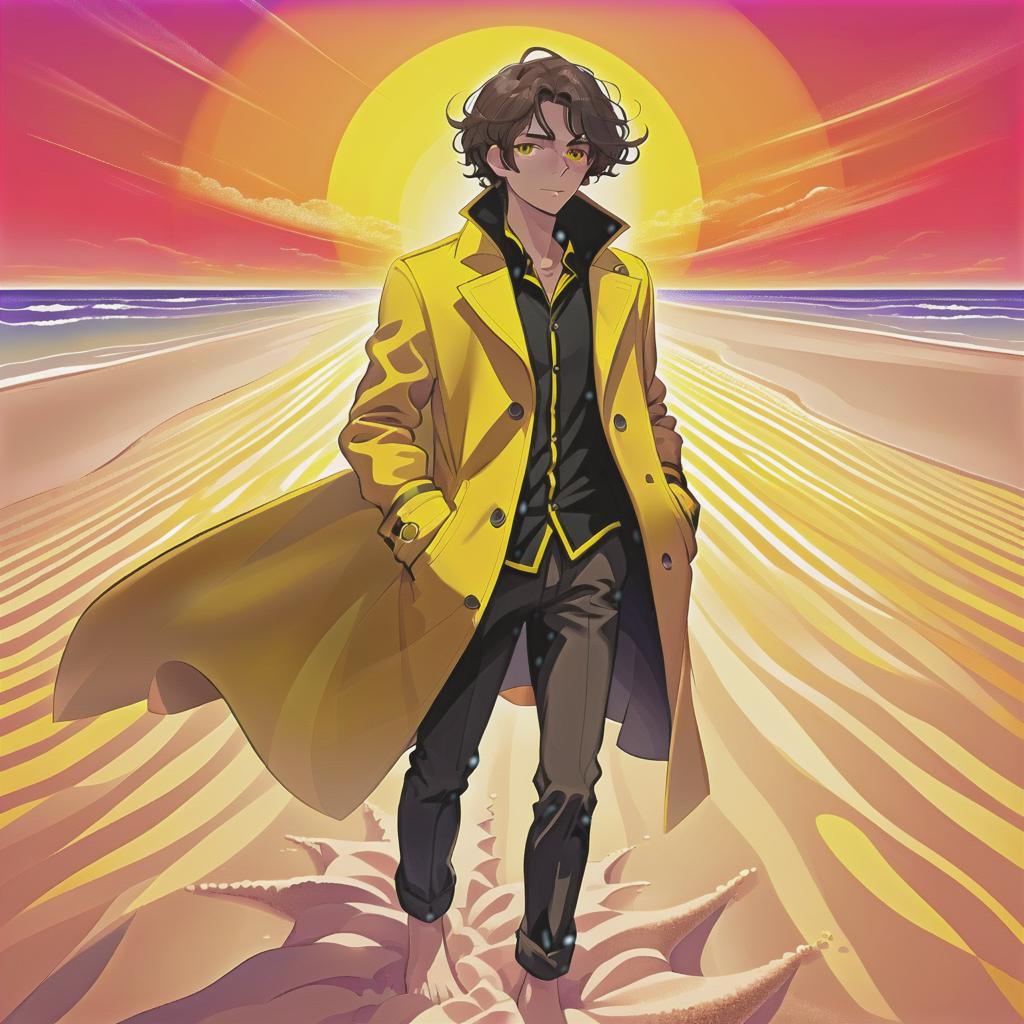  psychedelic style a young man stands on a beach where the soft sand extends to the horizon. he has long dark brown hair, which flies slightly in the breeze. his face, with pronounced jewish and slavic features, radiates lively energy. brown eyes are full of deep emotions, as if reflecting the vast expanses of the ocean. he wears a bright yellow coat that seems to shine, catching the eye and contrasting with the soft shades of the sunset. under his coat he wears a black shirt and black pants are decorated with yellow elements, creating a stylish and dynamic look. the sunset blooms in the sky, turning the surrounding space into a magical spectacle. the bright red rays of the sun fall on the terrain in stripes, highlighting the sandy shore and