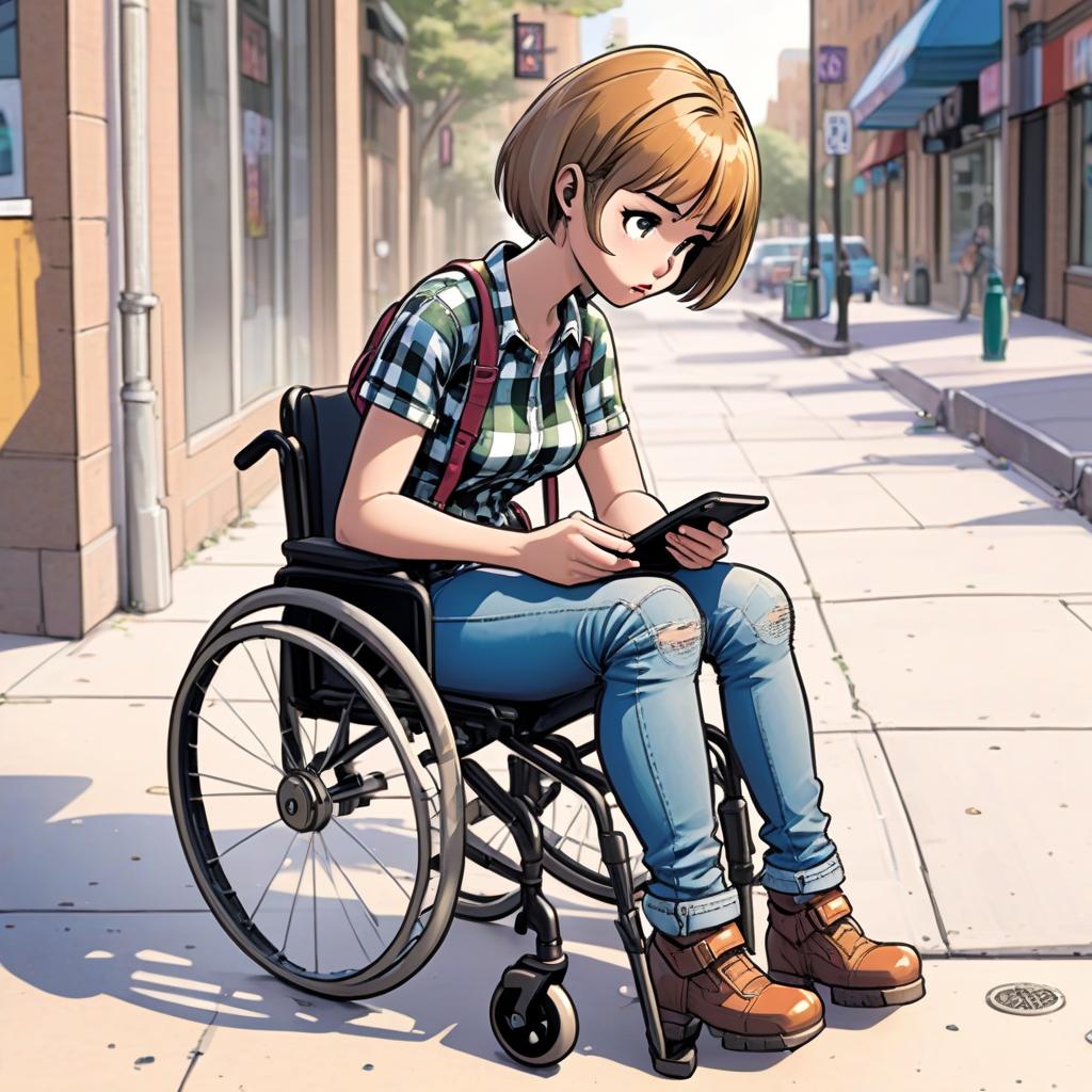  colored comic book image. a with short hair (kare) sits in a wheelchair, she has a prosthesis instead of one leg. she's wearing a checkered shirt and jeans. the girl leans forward trying to pick up the phone, which lies on the sidewalk in front of her.