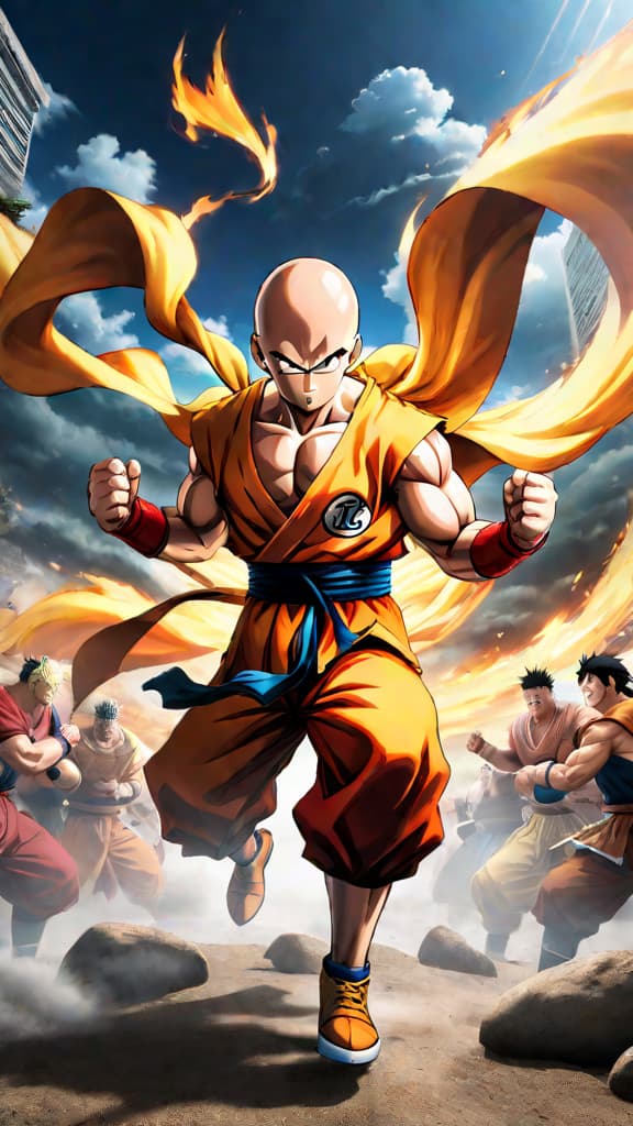  anime art: saitama faces off against goku, naruto, and luffy in an epic showdown. comment below! hyperrealistic, full body, detailed clothing, highly detailed, cinematic lighting, stunningly beautiful, intricate, sharp focus, f/1. 8, 85mm, (centered image composition), (professionally color graded), ((bright soft diffused light)), volumetric fog, trending on instagram, trending on tumblr, HDR 4K, 8K