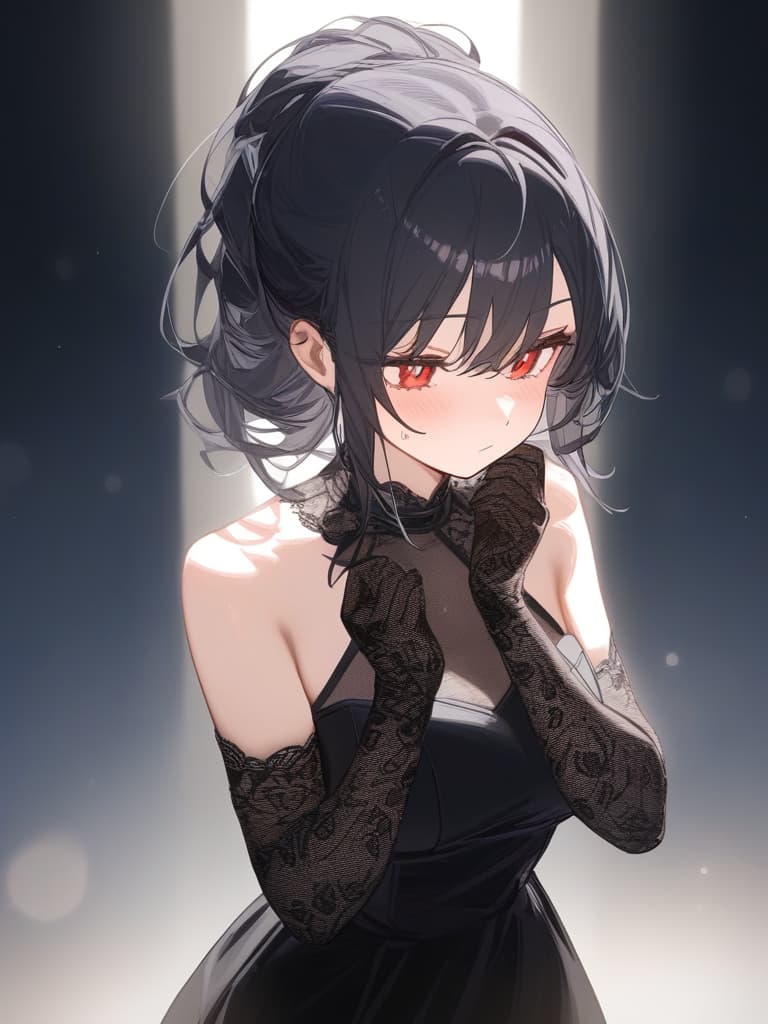  masterpiece,1girl,black hair,red eyes,long hair,slender,black dress,dress head,lace gloves,black lace,