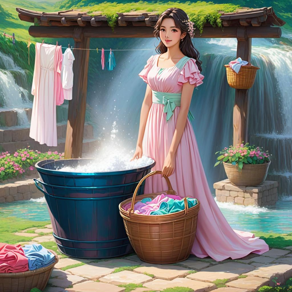  scene 2: washing clothes **description**: a graceful woman is washing colorful clothes in a basin next to the well. she is dressed in a flowing white and soft pink dress. a basket of laundry sits nearby., anime artwork, anime style, key visual, vibrant, studio anime, highly detailed