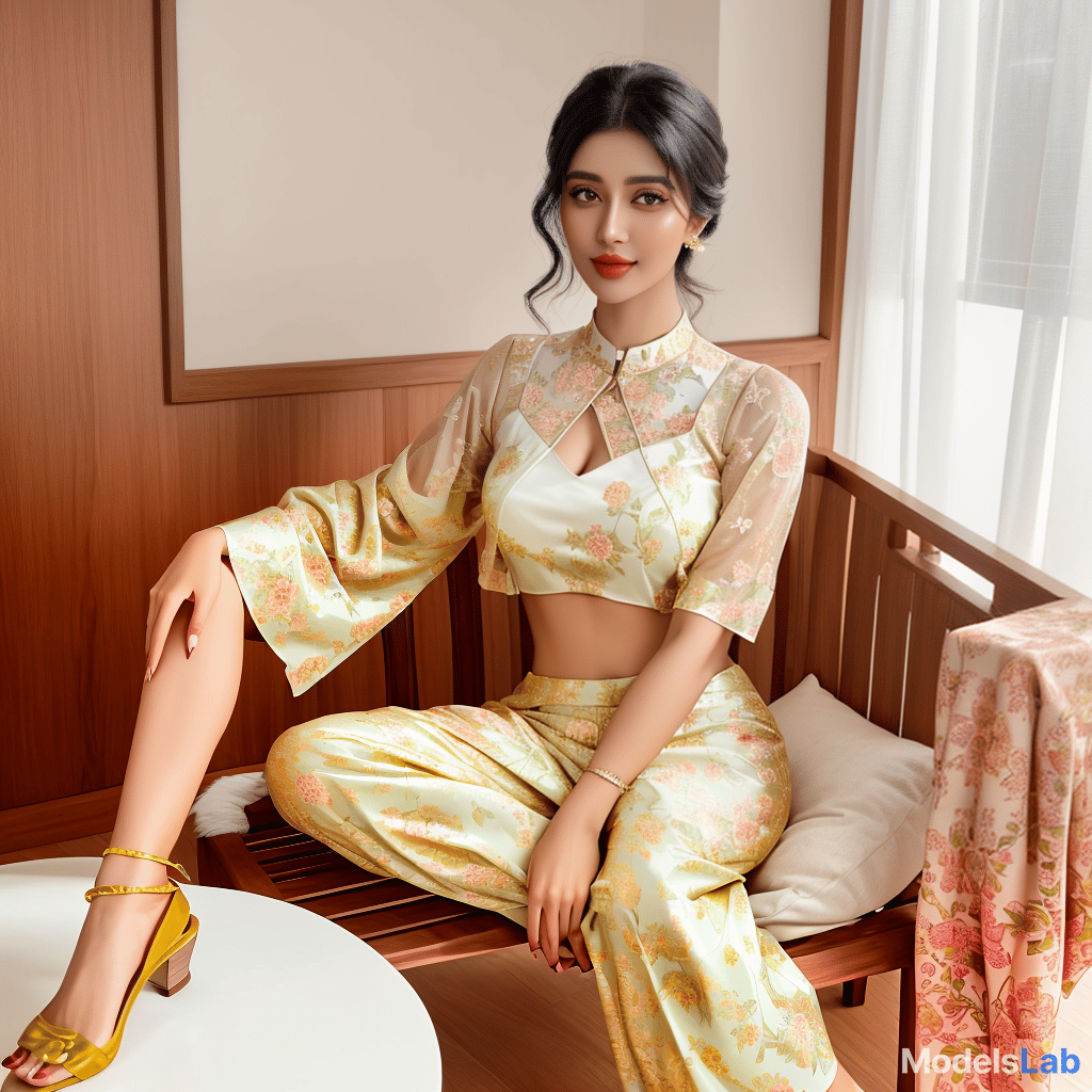  in a modern kerala home, a young mallu of fif years poses, a vision of youthful beauty and innocence. she sits on a contemporary wooden chair, a contrast to her traditional surroundings. her short hair is styled with a hint of mischief, and she wears a pair of small frame gles, adding a studious charm to her appearance. a gentle smile plays on her lips, a hint of ces, a marker of her youthful age. but it's her eyes that truly captivate, a mix of curiosity and ness. her attire is a fusion of modern and traditional, with a nod to the clic 'thamburatti' style. she wears a modern take on the pavada, a two piece garment consisting of a and a d . the , in a bright floral print, acce hyperrealistic, full body, detailed clothing, highly detailed, cinematic lighting, stunningly beautiful, intricate, sharp focus, f/1. 8, 85mm, (centered image composition), (professionally color graded), ((bright soft diffused light)), volumetric fog, trending on instagram, trending on tumblr, HDR 4K, 8K