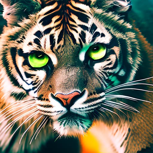 nvinkpunk A robotic tiger with glowing eyes and metallic fur. hyperrealistic, full body, detailed clothing, highly detailed, cinematic lighting, stunningly beautiful, intricate, sharp focus, f/1. 8, 85mm, (centered image composition), (professionally color graded), ((bright soft diffused light)), volumetric fog, trending on instagram, trending on tumblr, HDR 4K, 8K