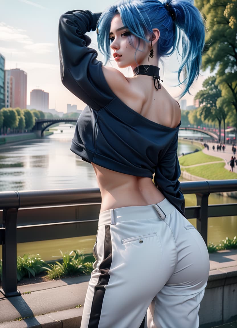  fashion editorial style a back view, a girl with blue hair gathered in a ponytail, gray eyes, a black wool top, white wide pants, a sports ass, a large bust, against the background of a city park with a river. . high fashion, trendy, stylish, editorial, magazine style, professional, highly detailed, perfecteyes, civitai, glowneon