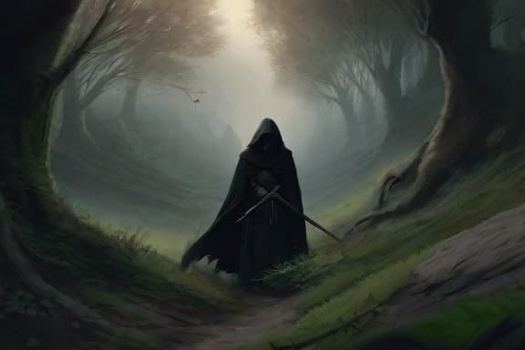  a detailed portrait of a woman in the distance, set in a medieval forest. she has long black hair and wears a shabby black sheath dress over a white shirt. the woman appears tired and poor, with a hood pulled over her head, partially obscuring her face. she holds a bow in her hands, ready for action, as fog rolls through the trees, creating a mysterious atmosphere. the surrounding greenery is lush, with hints of medieval architecture peeking through the foliage, enhancing the historical context.